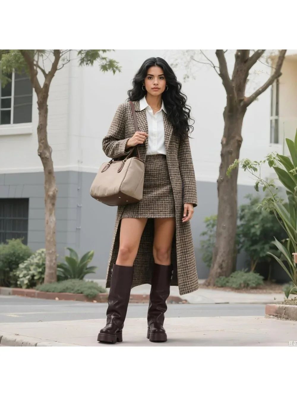 Women's Brown Faux Leather Chunky Heel Side Zipper, Metal Buckles Knee High Boot